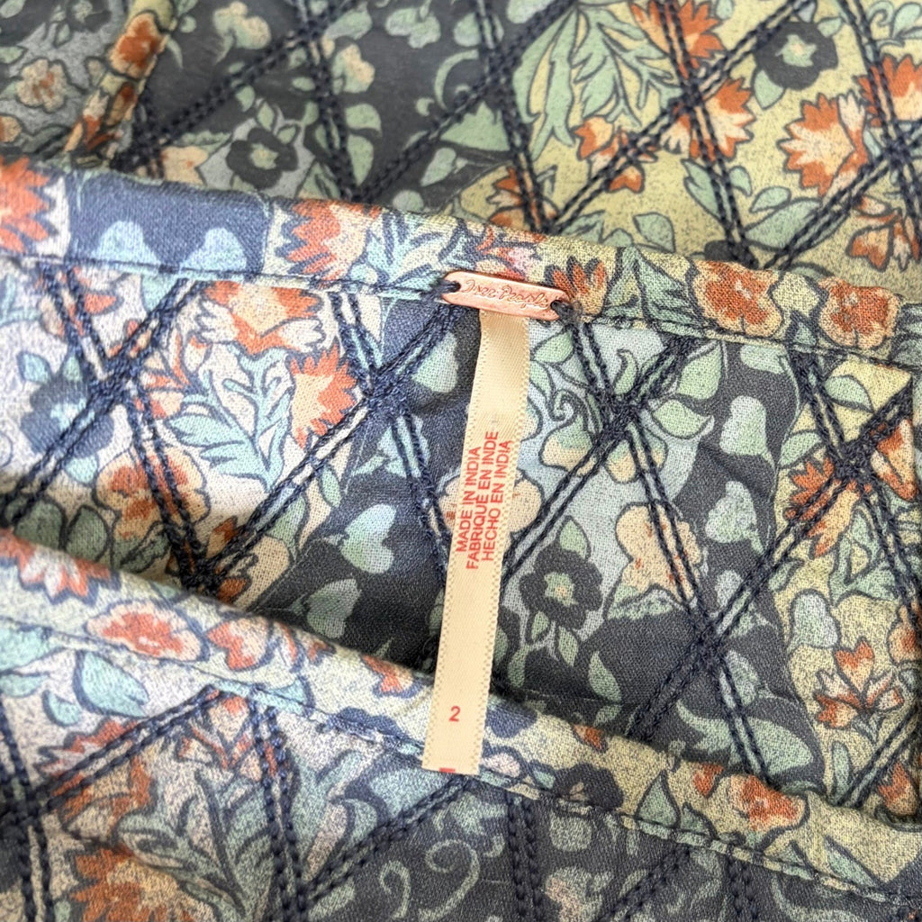 FREE PEOPLE Darla Quilted Mini Skirt Pockets Smoky Combo Tapestry Blue Size 2