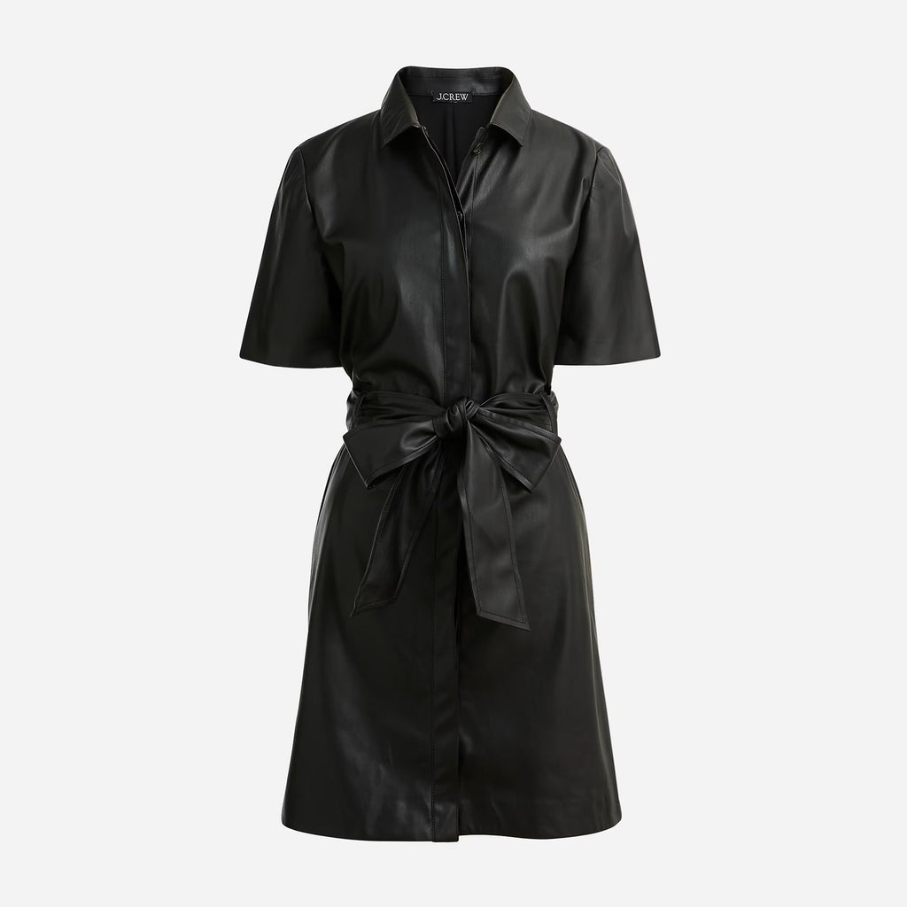 NWT!! J. CREW Solid Black Button Front Faux Leather Dress Belted Vegan Small
