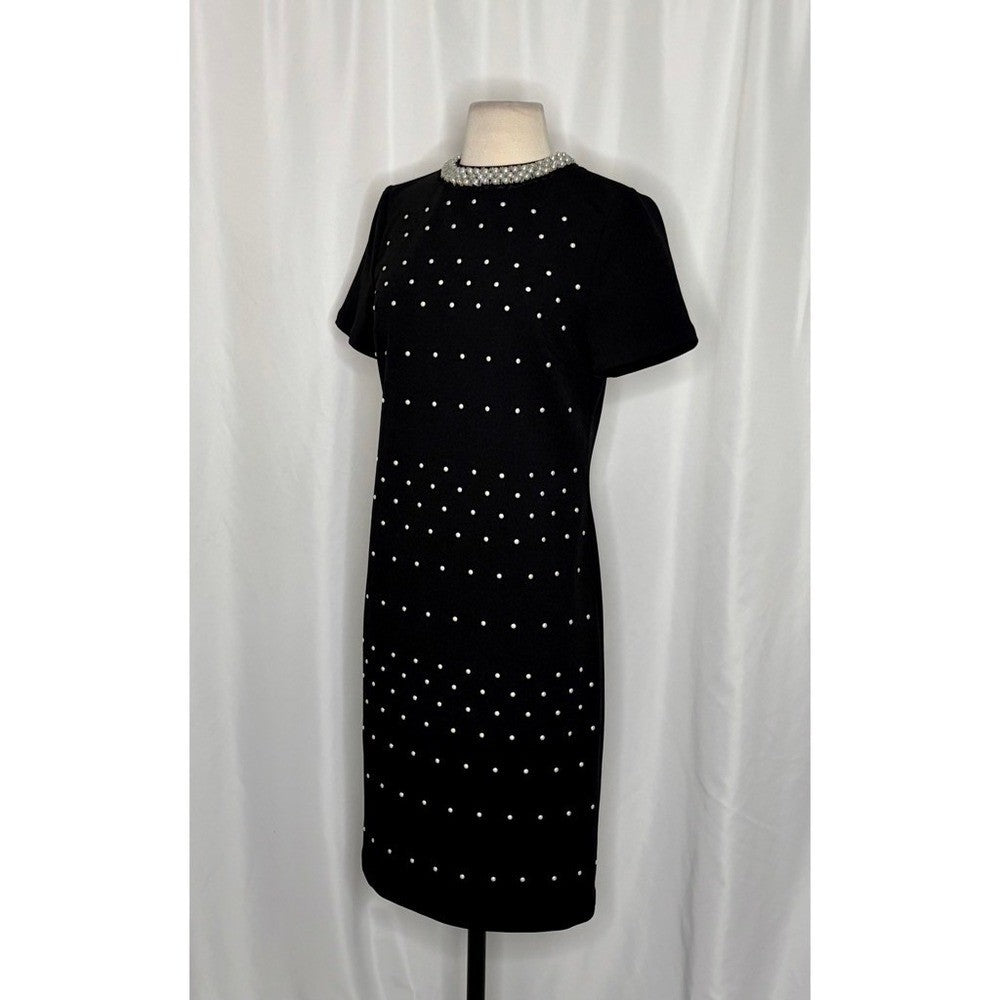 NWT!! MING WANG Heritage Fit Embellished Crepe Sheath Dress Black Pearls X-Small