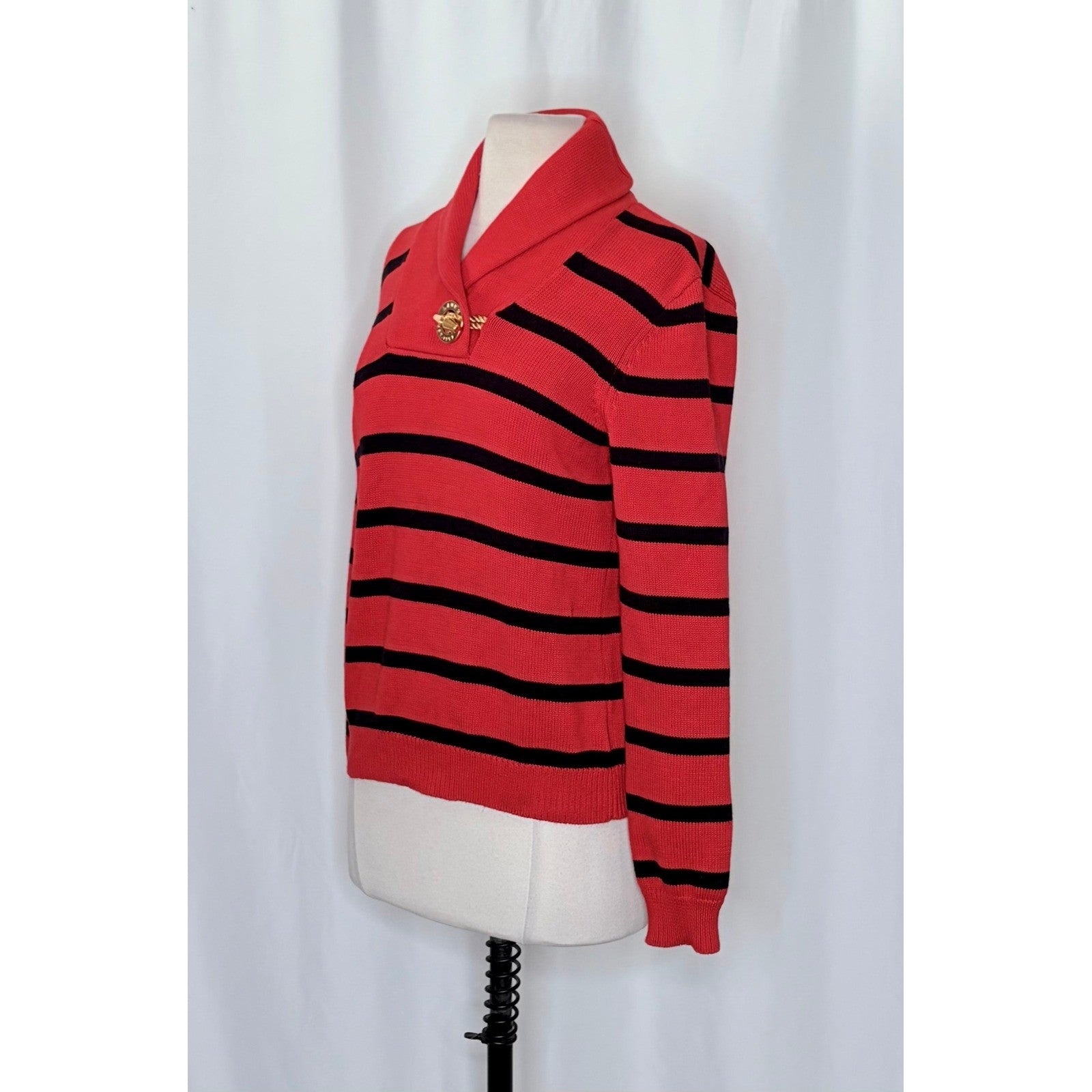 Lauren RALPH LAUREN Red Navy Blue Stripe Shawl Collar Sweater Knit Medium
