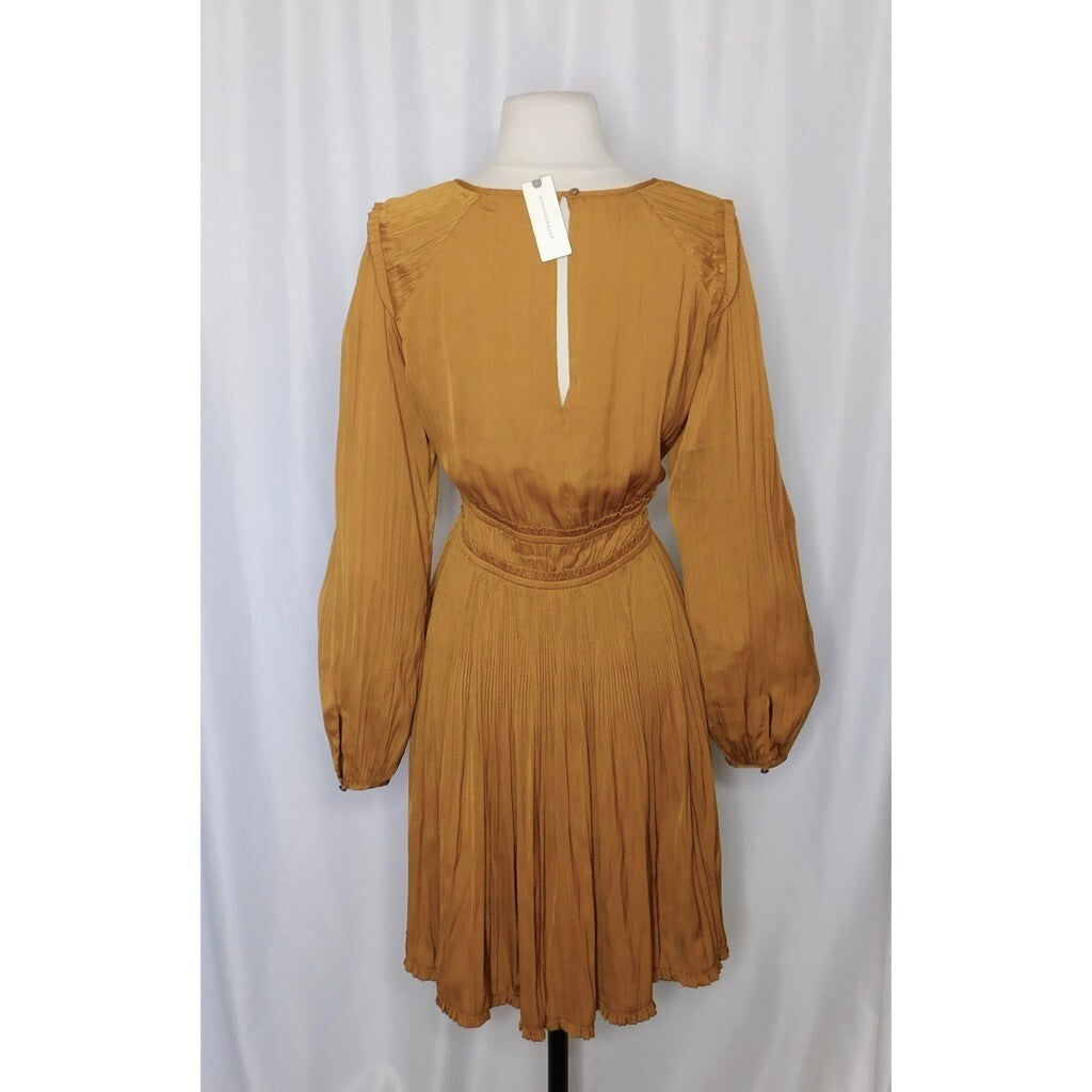 NWT!! Anthropologie MAEVE Saniya Mini Dress Solid Gold Pleated Flirty Small