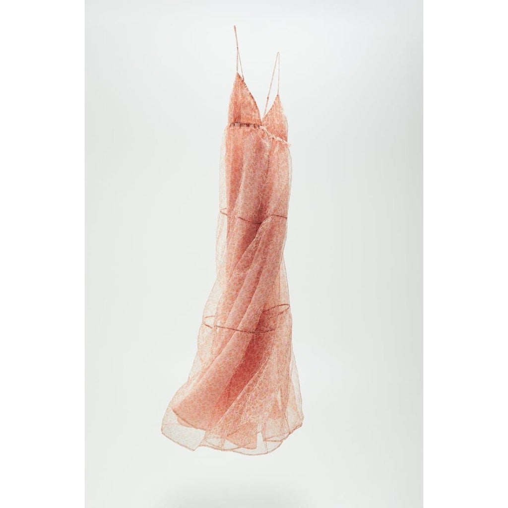 ZARA Organza Pink Peach Floral Maxi Dress Tiered Sundress Summer Vacation Medium