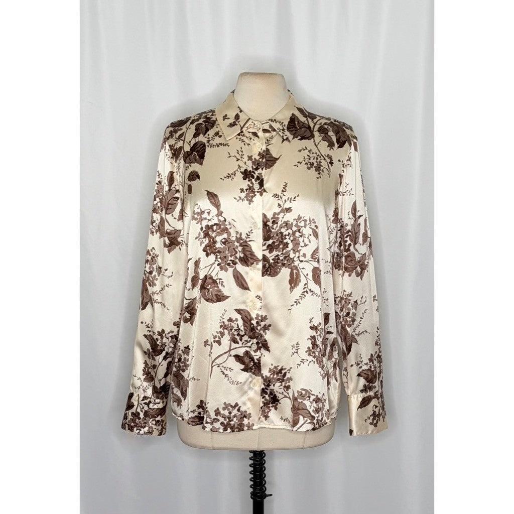 REFORMATION Silk Floral Print Blouse Top Buttondown Cream Brown Chic Large