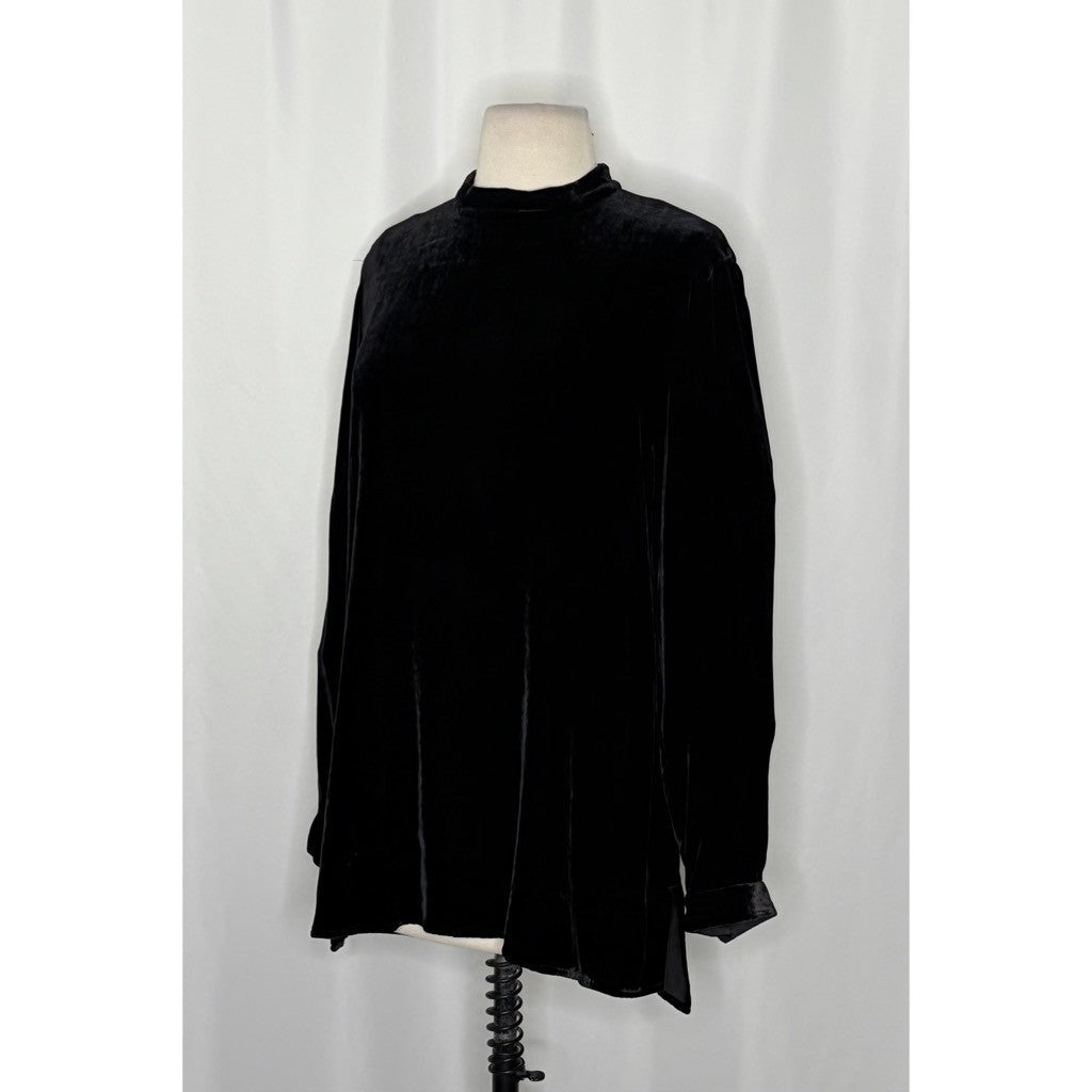 EILEEN FISHER Velvet Mock Neck Top Blouse Solid Black Tunic Pullover X-Small