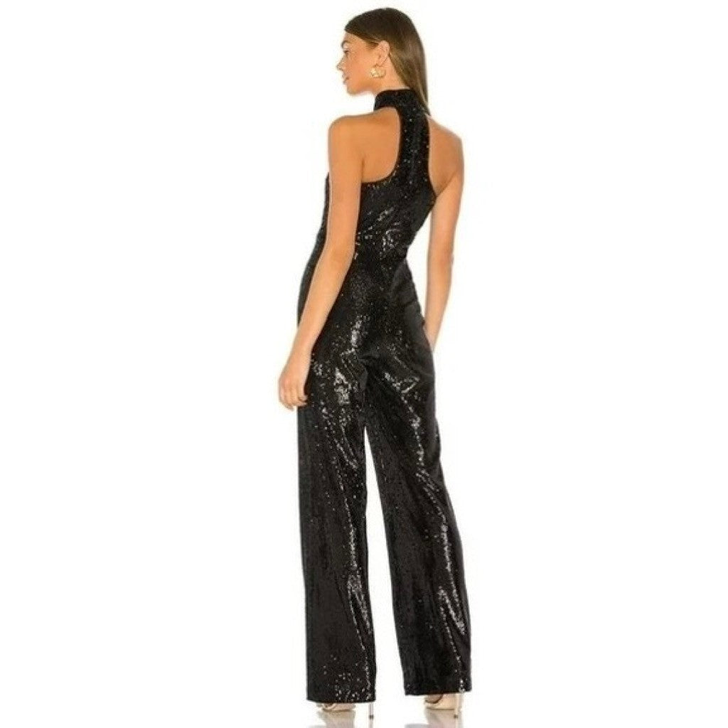 CINQ A SEPT Shelby Black Sequin Jumpsuit Halter Neck Party Cocktail Size 4