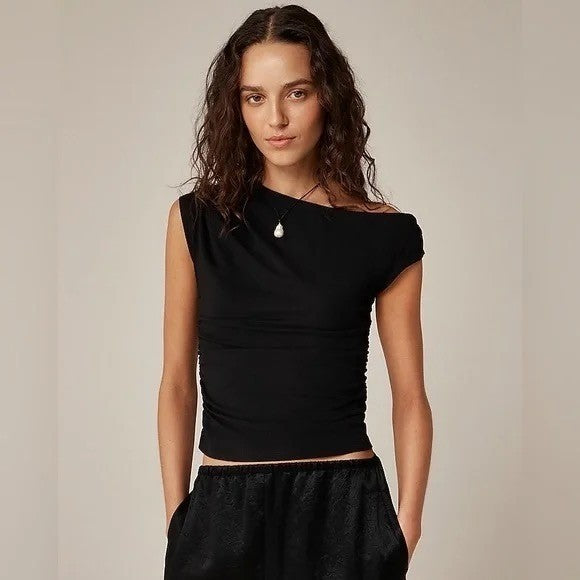 NWT!! J. CREW Stretch Cotton Blend Off the Shoulder Top Solid Black XXS XX-Small