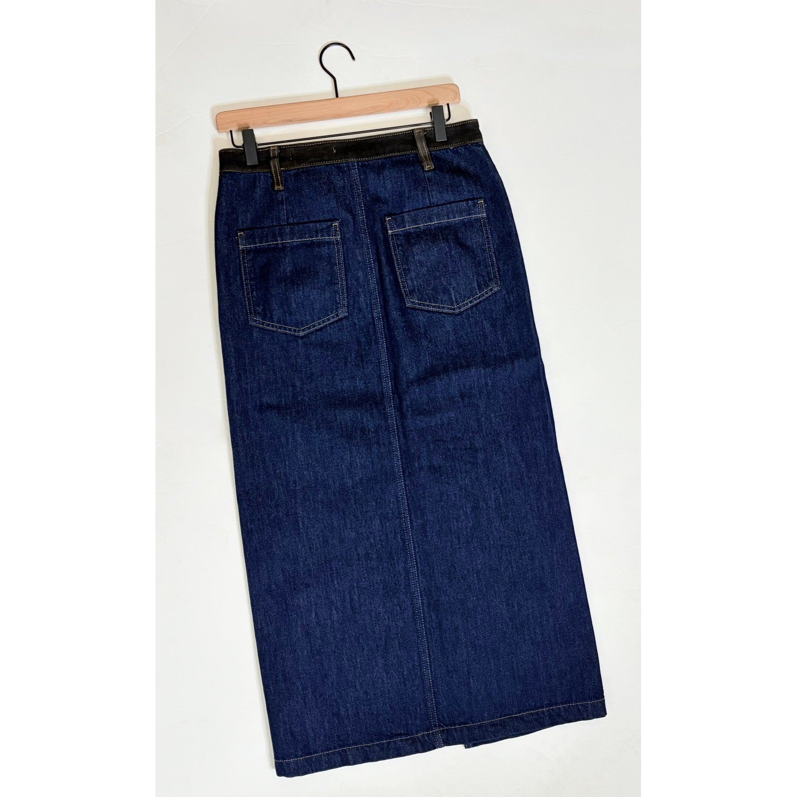 ZARA ZW Collection Denim Midi Skirt Contrast Suede Waistline Blue Pockets Small