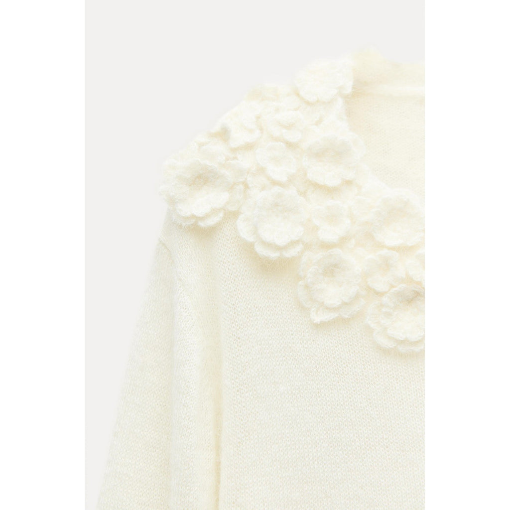 ZARA Alpaca Wool Ecru Crochet Flower Appliqué Sweater Blogger Favorite Small