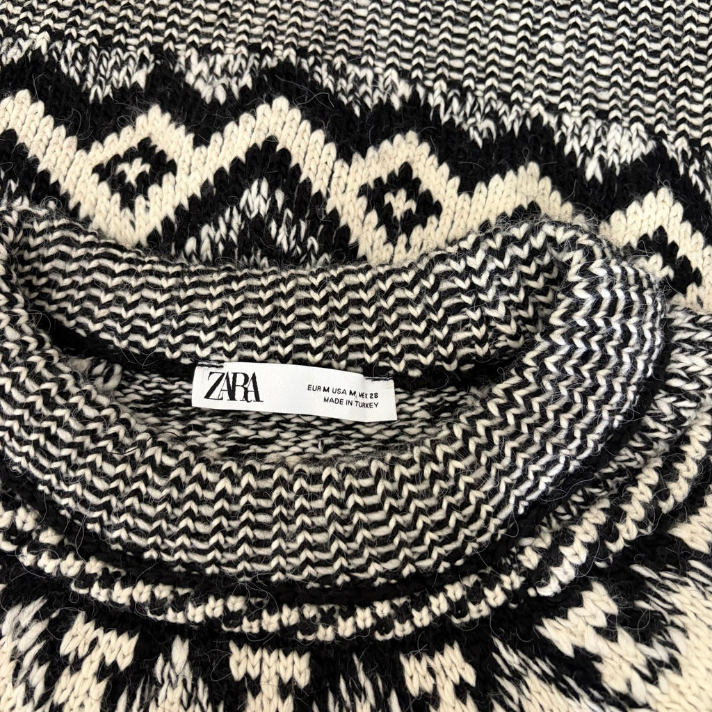 ZARA Nordic Fairisle Jacquard Sweater Black White Fair Isle Knit Pullover Medium