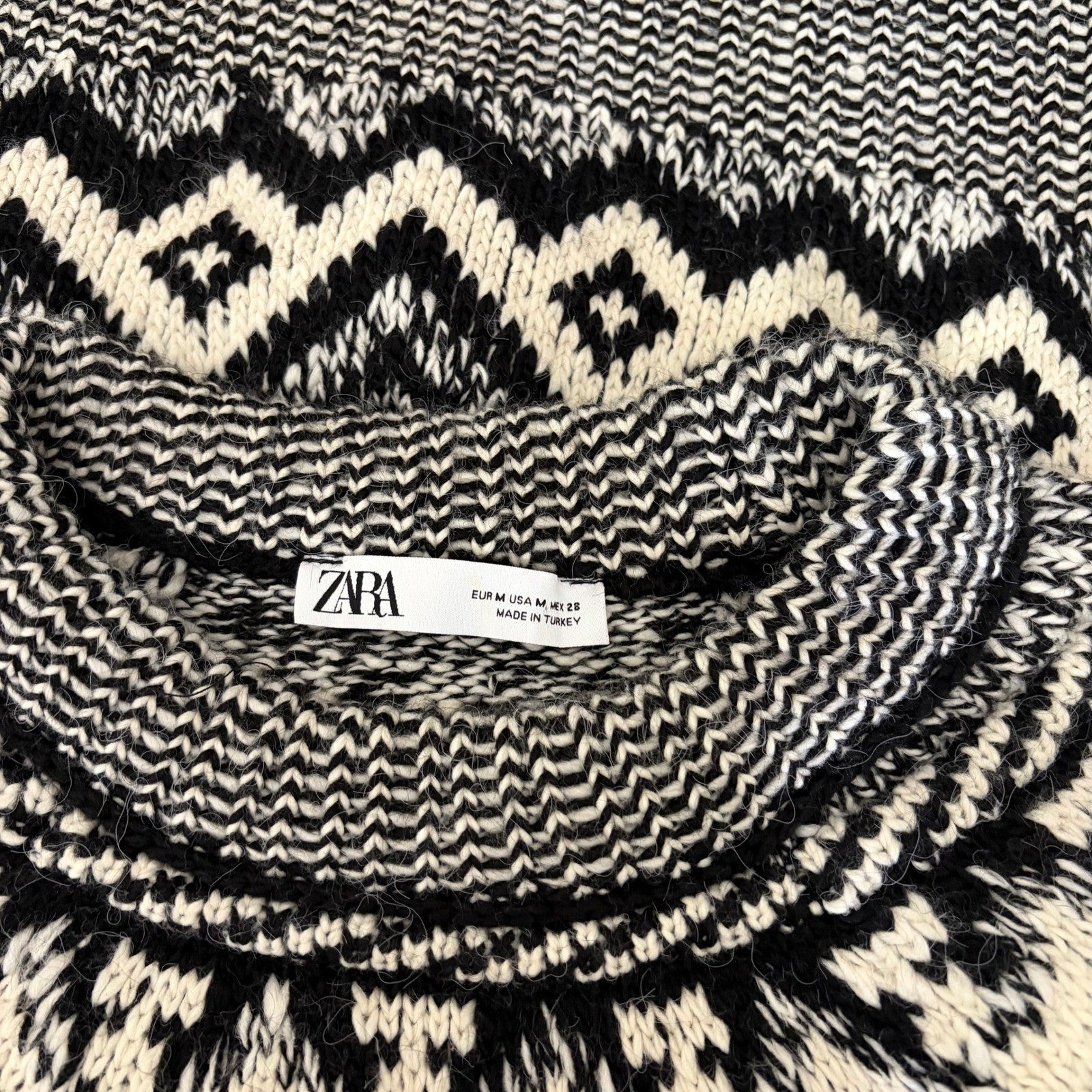 ZARA Nordic Fairisle Jacquard Sweater Black White Fair Isle Knit Pullover Medium