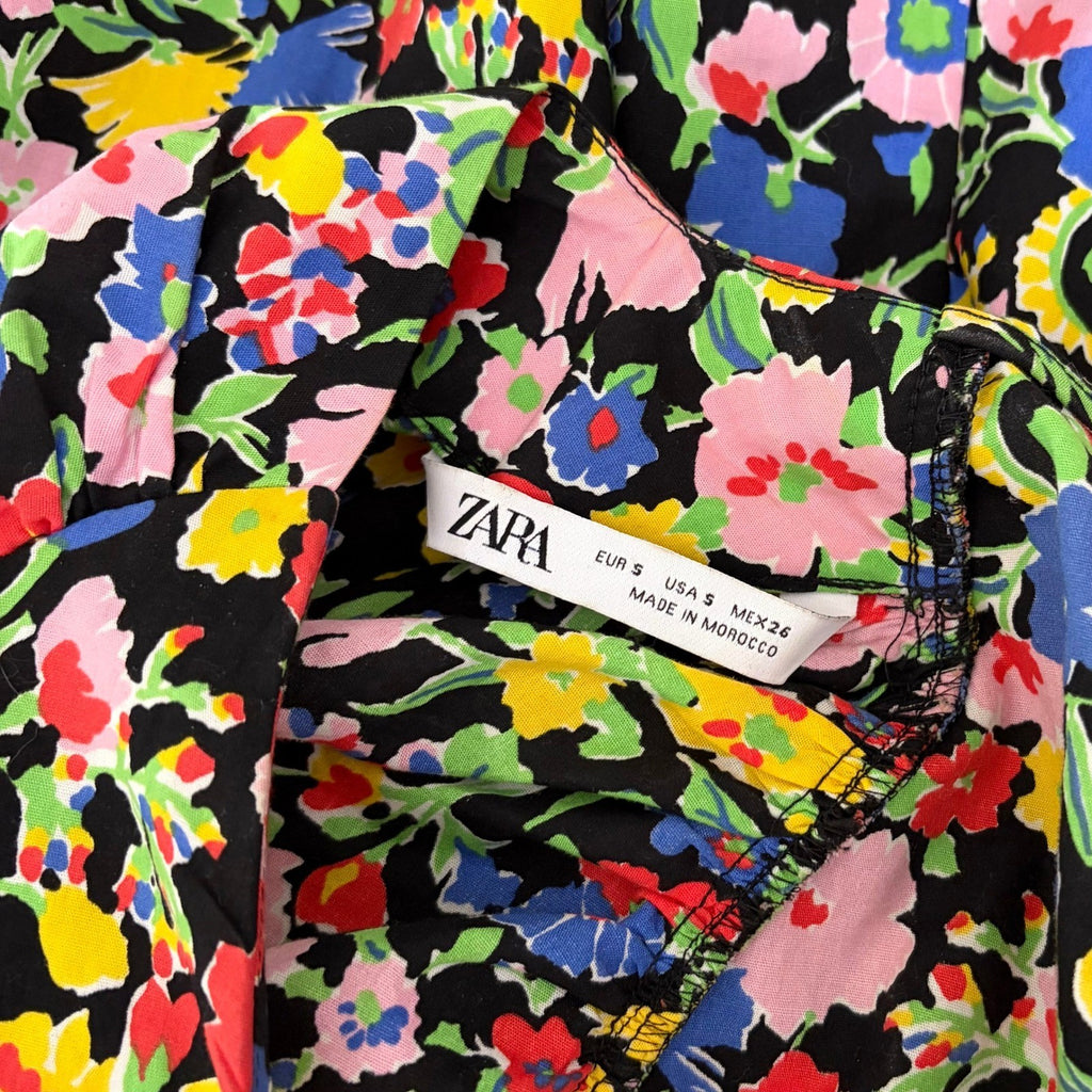 ZARA Bright Floral Mini Dress Statement Puffed Sleeves Spring Summer Black Small