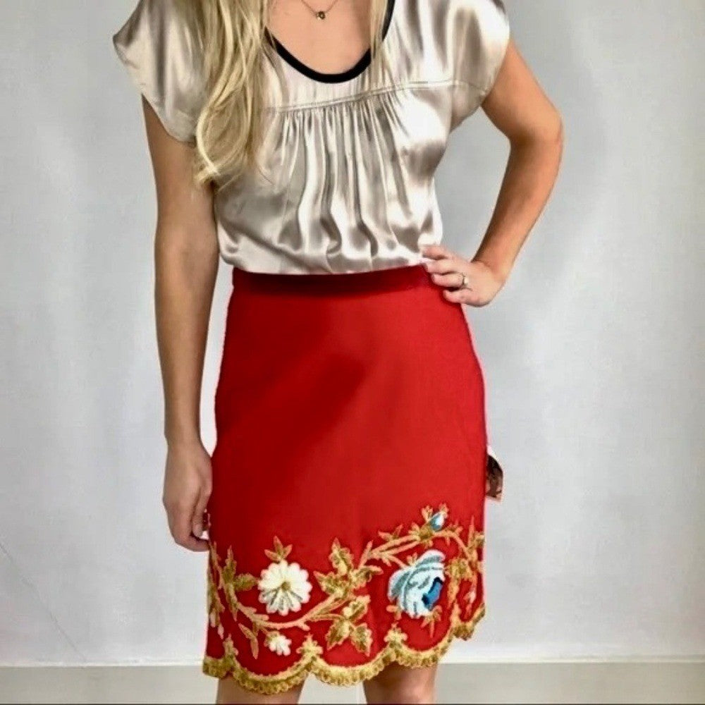 Plenty by TRACY REESE Red Wool Floral Embroidered Appliqued Skirt Size 4