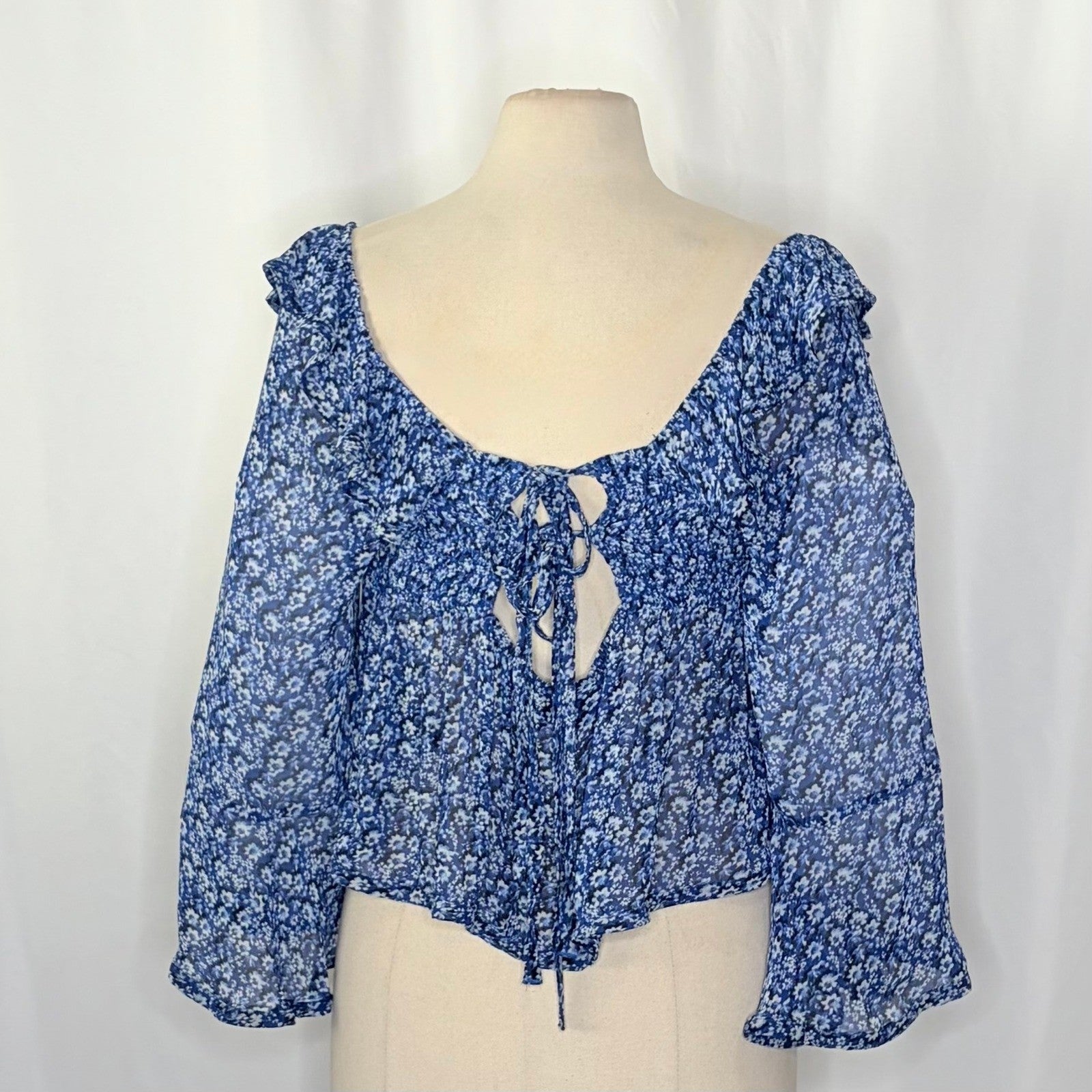 Anthropologie MAEVE Square Neck Sheer Babydoll Top Blue White Floral Large