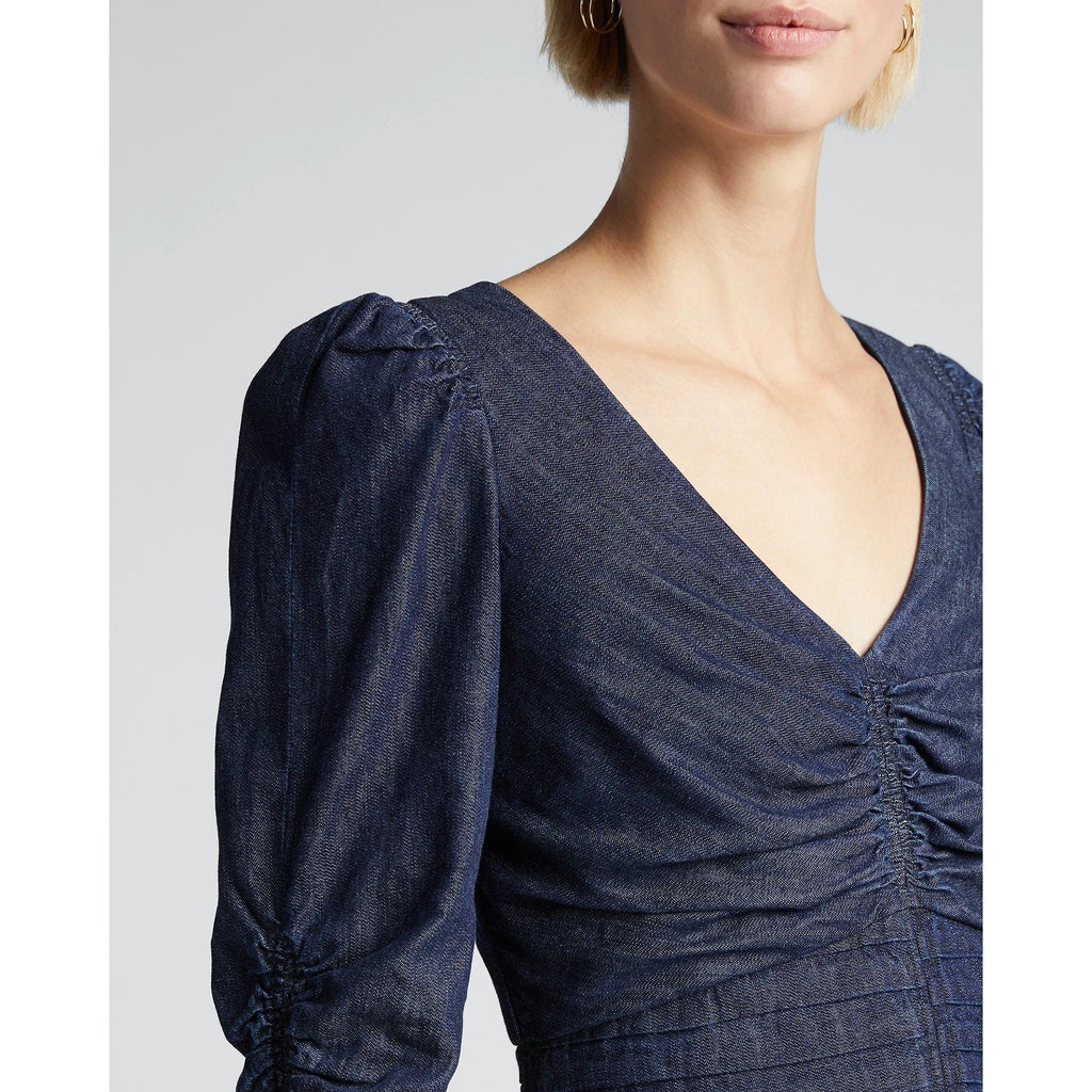 TANYA TAYLOR Pansy Dress Blue Denim Pleated Mini Puffed Sleeves Flirty Size 6