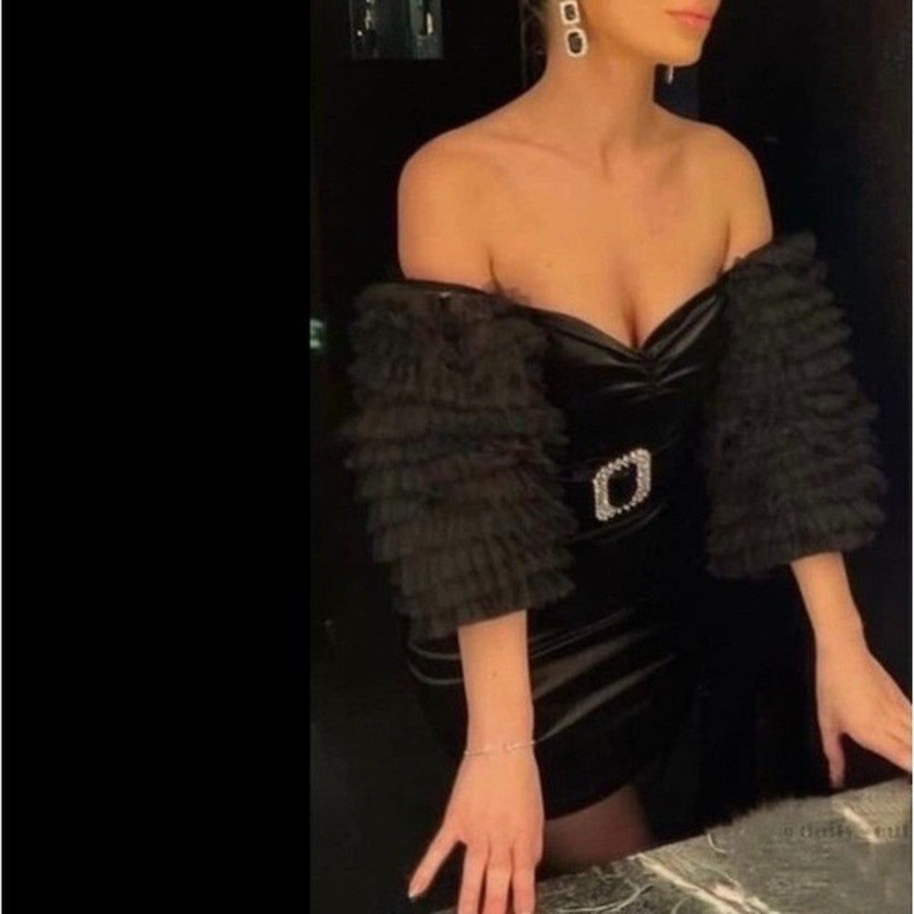 NWT!! ZARA Black Velvet Dress Ruffled Tulle Sleeves Rhinestone Party Cocktail