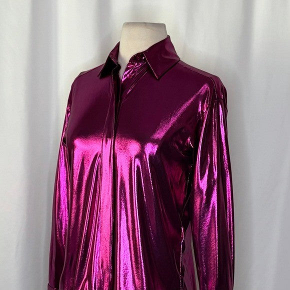 By ANTHROPOLOGIE Magenta Pink Shimmer Shine Lamé Buttondown Top Blouse X-Small