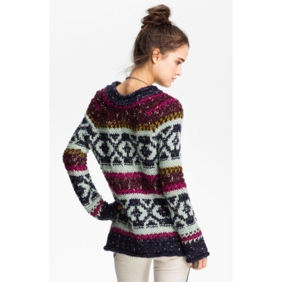 FREE PEOPLE Silver Reed Chunky Knit Fairisle Fair Isle Sweater Wool Linen Small