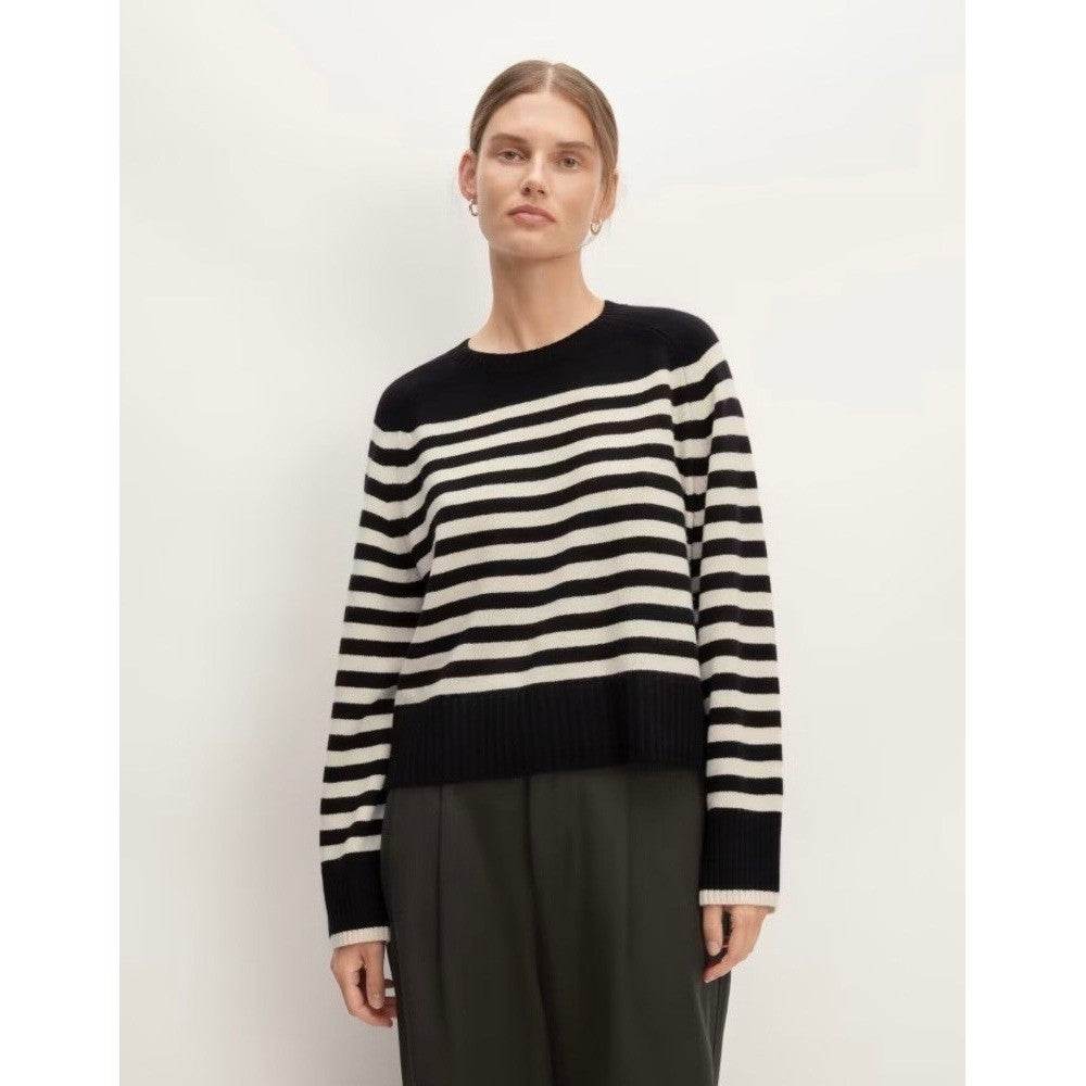 EVERLANE The Boxy Crew in Cashmere Black White Striped Pullover Sweater Small