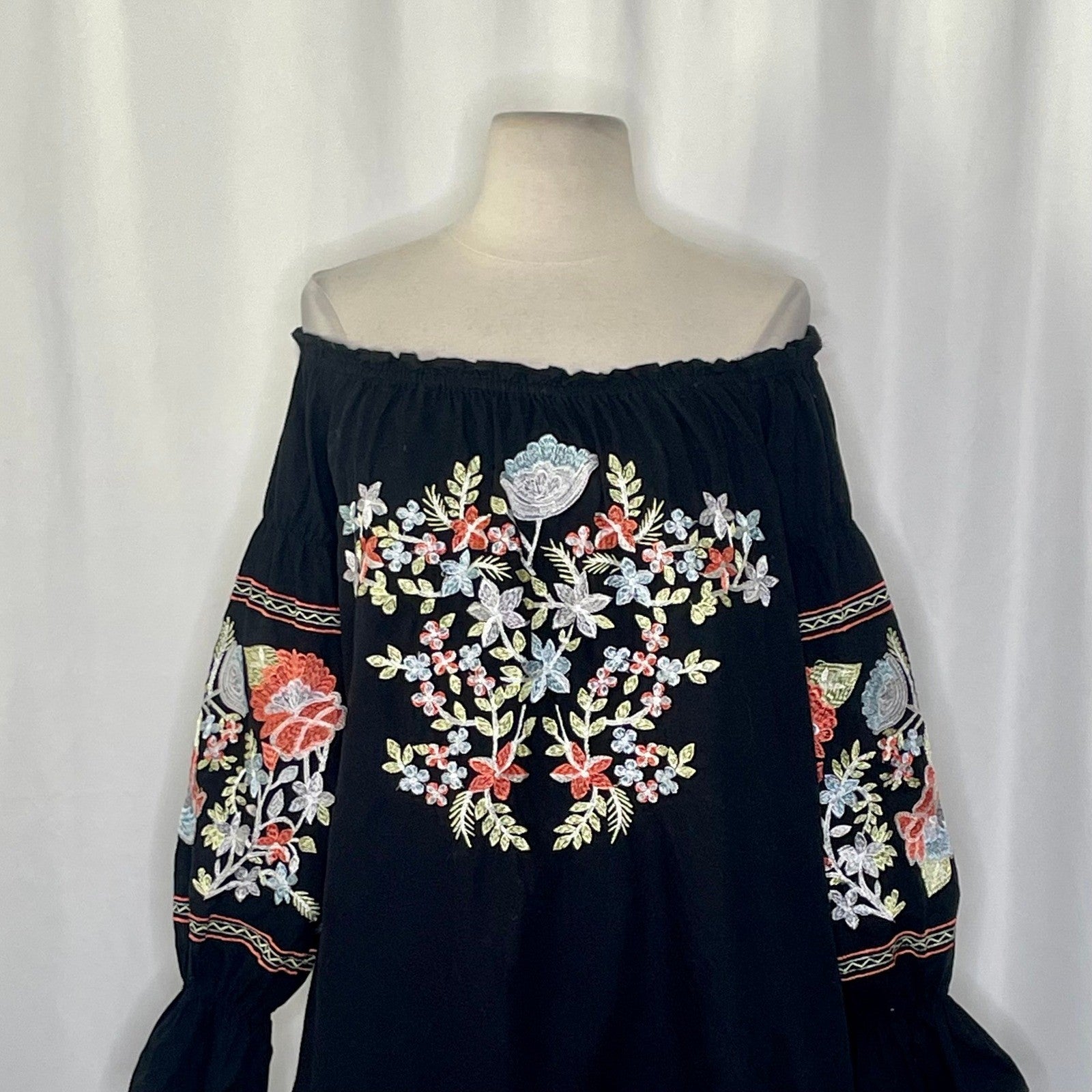 FREE PEOPLE Fleur Du Jour Mini Dress Black Floral Embroidered Off Shoulder Small