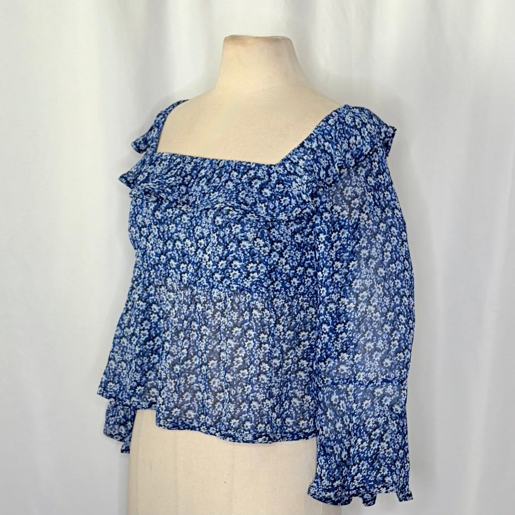 Anthropologie MAEVE Square Neck Sheer Babydoll Top Blue White Floral Large