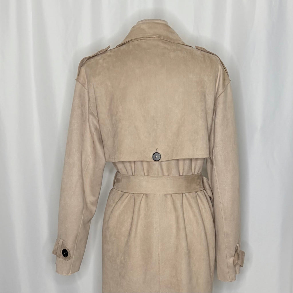 ZARA Faux Suede Trench Coat Belted Jacket Solid Tan Brown Pockets Outdoors Large