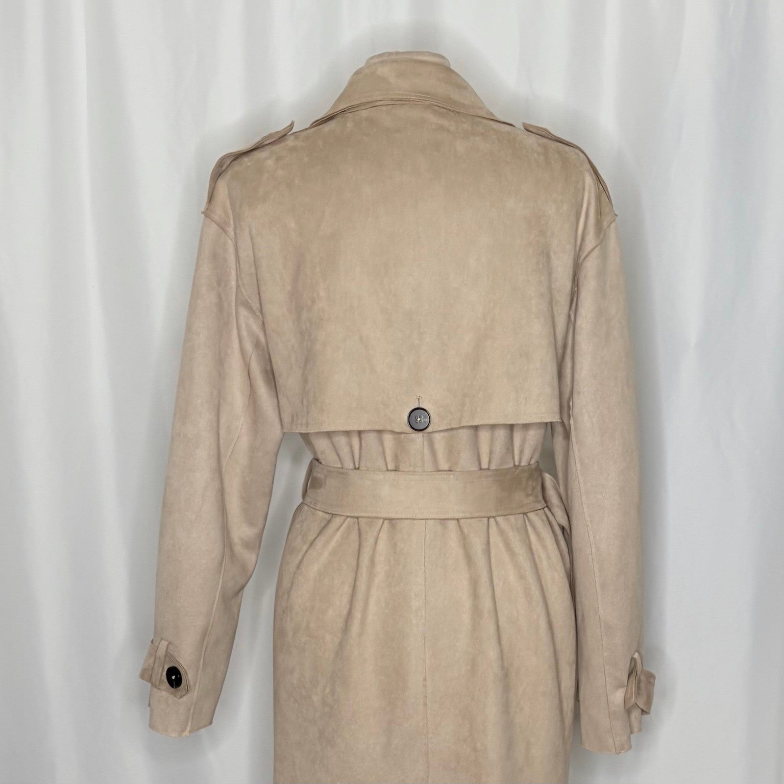 ZARA Faux Suede Trench Coat Belted Jacket Solid Tan Brown Pockets Outdoors Large