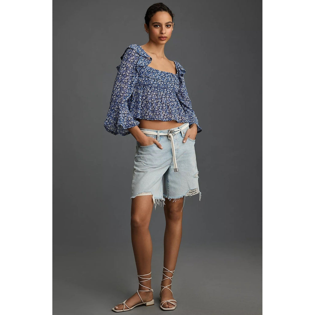 Anthropologie MAEVE Square Neck Sheer Babydoll Top Blue White Floral Large