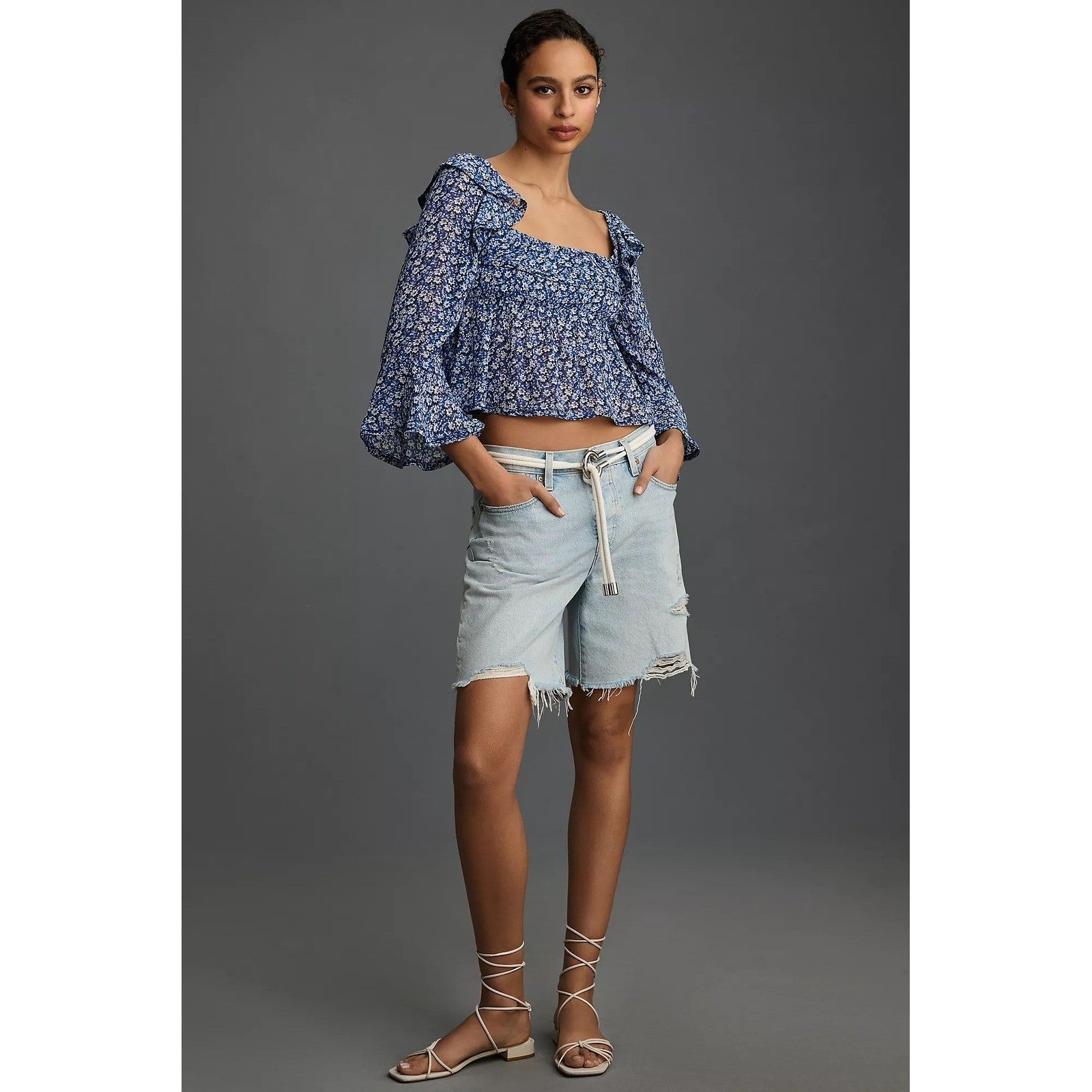 Anthropologie MAEVE Square Neck Sheer Babydoll Top Blue White Floral Large