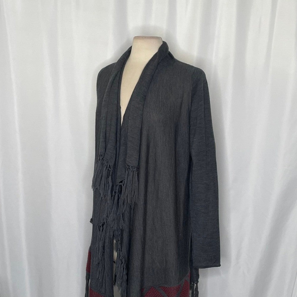 GARNET HILL Gray Wool Fringed Cardigan Sweater Ruana Embroidered Fringe Medium