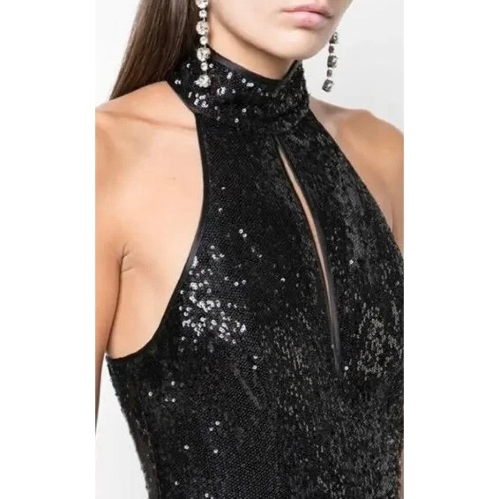 CINQ A SEPT Shelby Black Sequin Jumpsuit Halter Neck Party Cocktail Size 4
