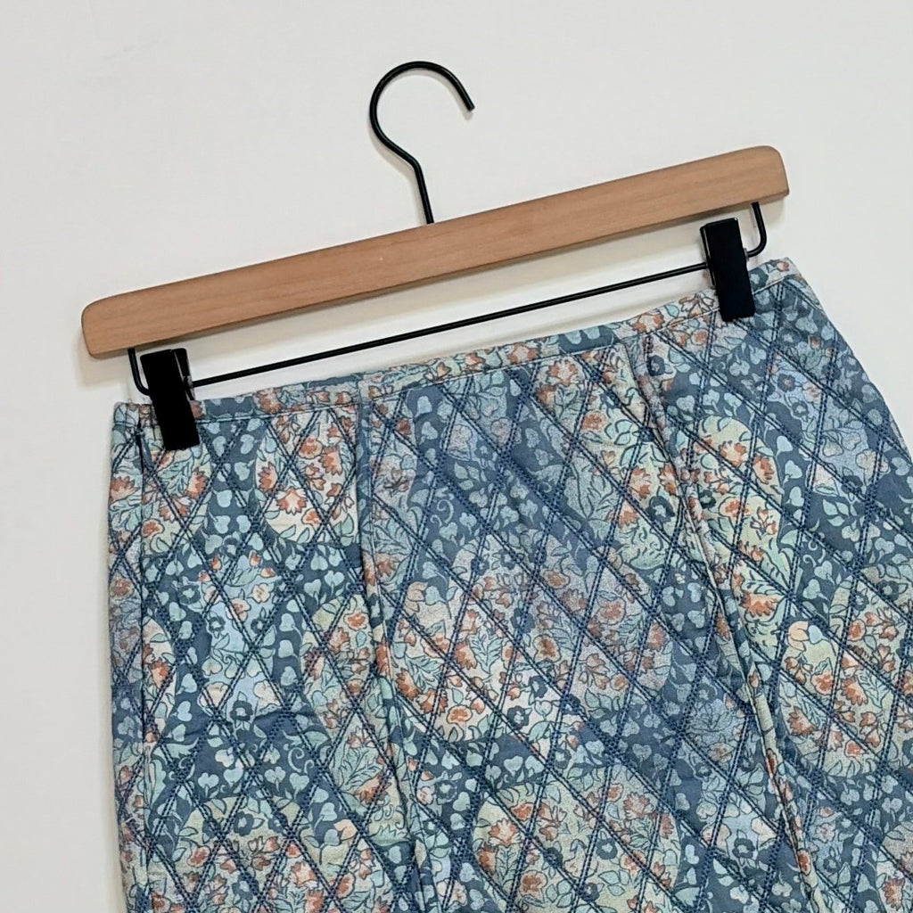 FREE PEOPLE Darla Quilted Mini Skirt Pockets Smoky Combo Tapestry Blue Size 2