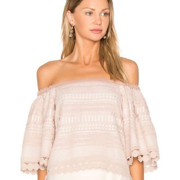 Revolve ALEXIS Finn Lace Off Shoulder Top Blouse Blush Pink Silk Lacey X-Small