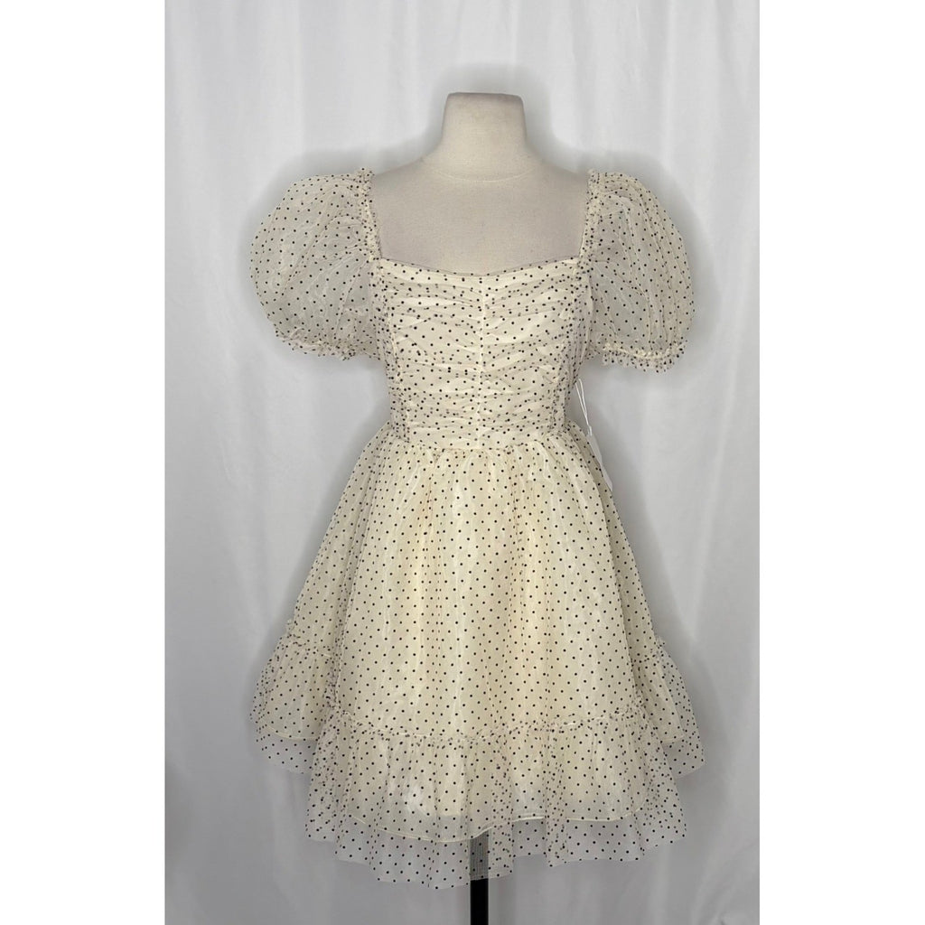 NWT!! Joyfolie MIA JOY Perla Tulle Puff Dress Polka Dots Ivory Black Medium