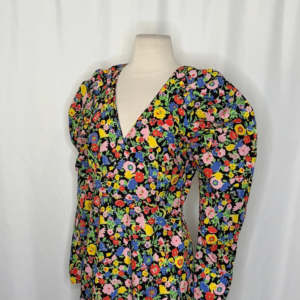 ZARA Bright Floral Mini Dress Statement Puffed Sleeves Spring Summer Black Small