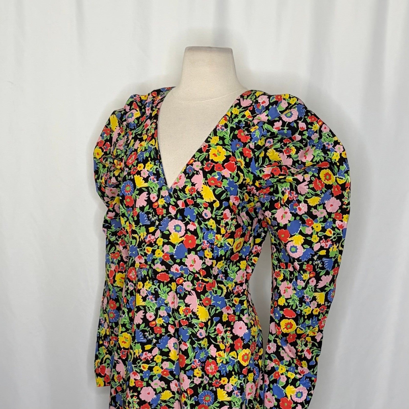 ZARA Bright Floral Mini Dress Statement Puffed Sleeves Spring Summer Black Small