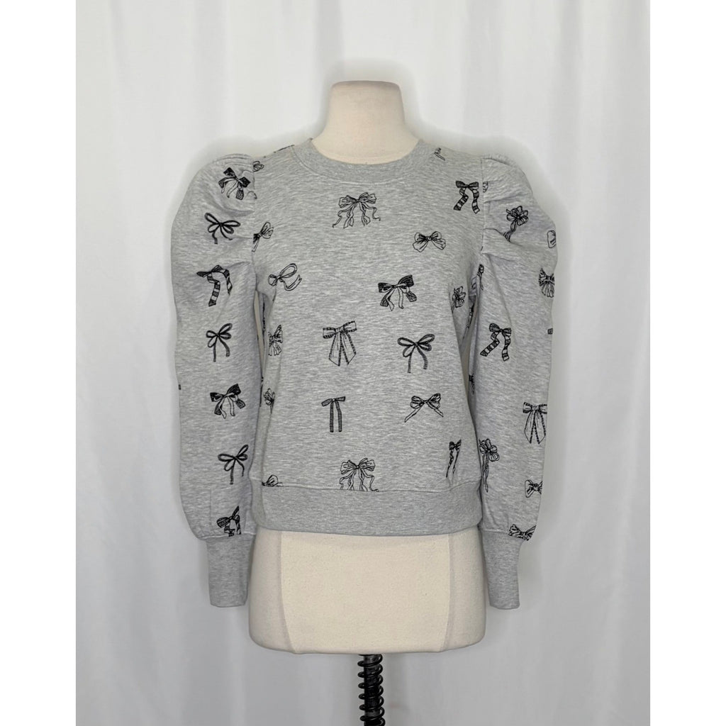 Anthropologie MAEVE Puff Sleeve Embroidered Bow Pattern Sweatshirt Top Small