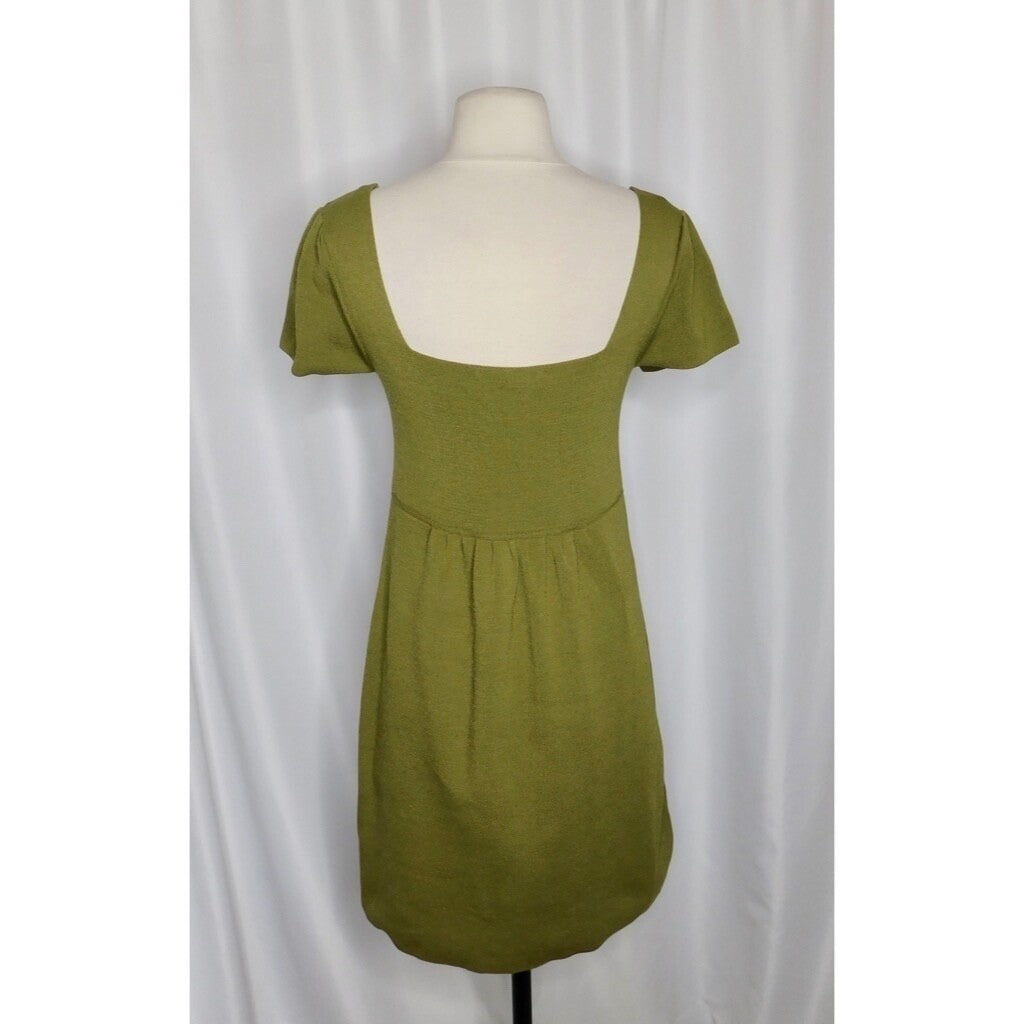 ZARA Squared Mini Babydoll Dress Puff Sleeves Solid Olive Green Knit Small