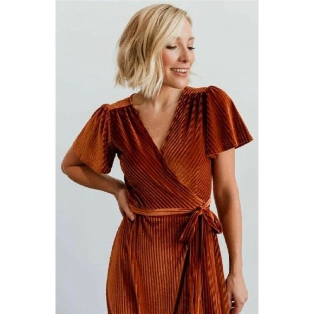 BALTIC BORN Andi Velvet High Low Maxi Dress Ribbed Party Holiday Copper Rust XS