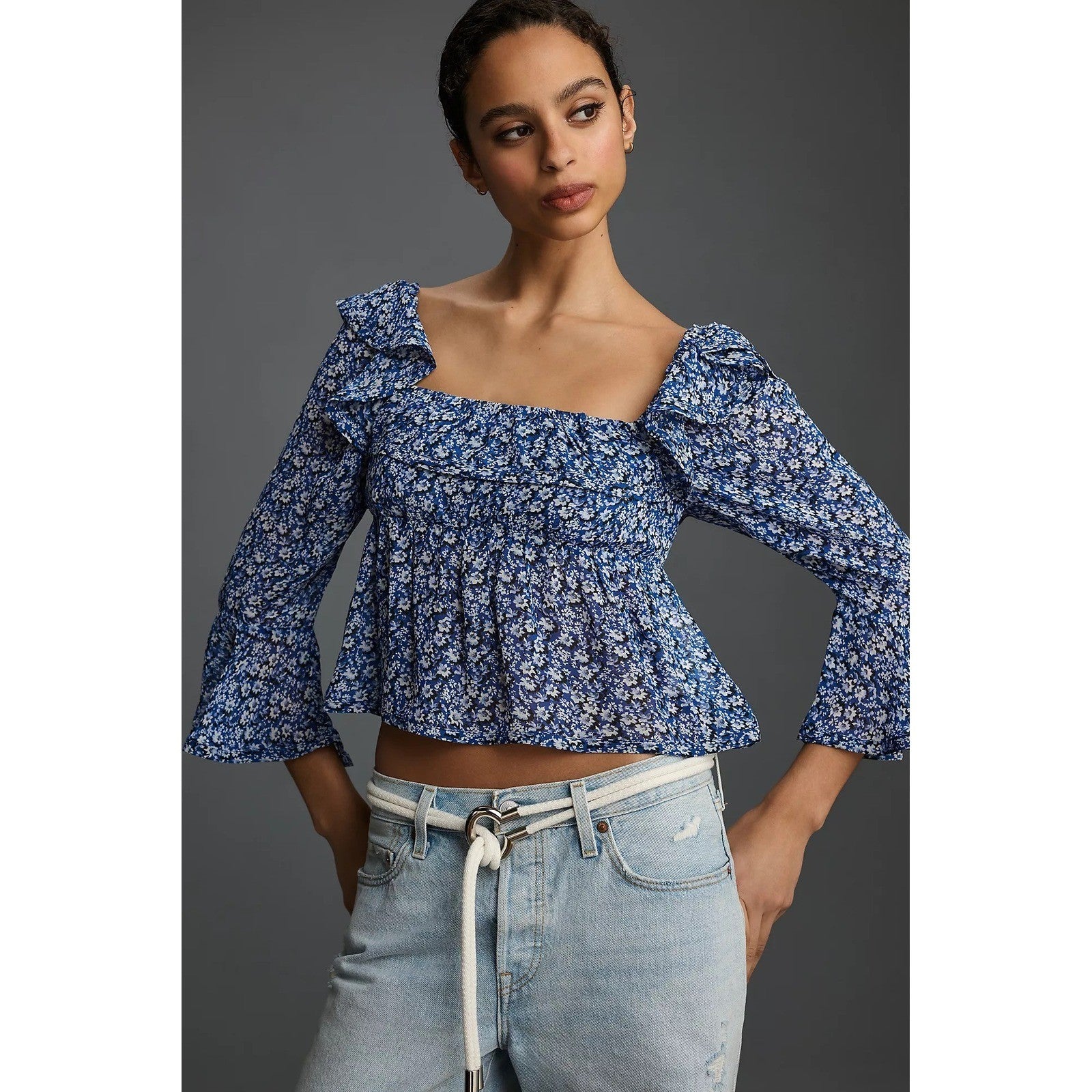 Anthropologie MAEVE Square Neck Sheer Babydoll Top Blue White Floral Large