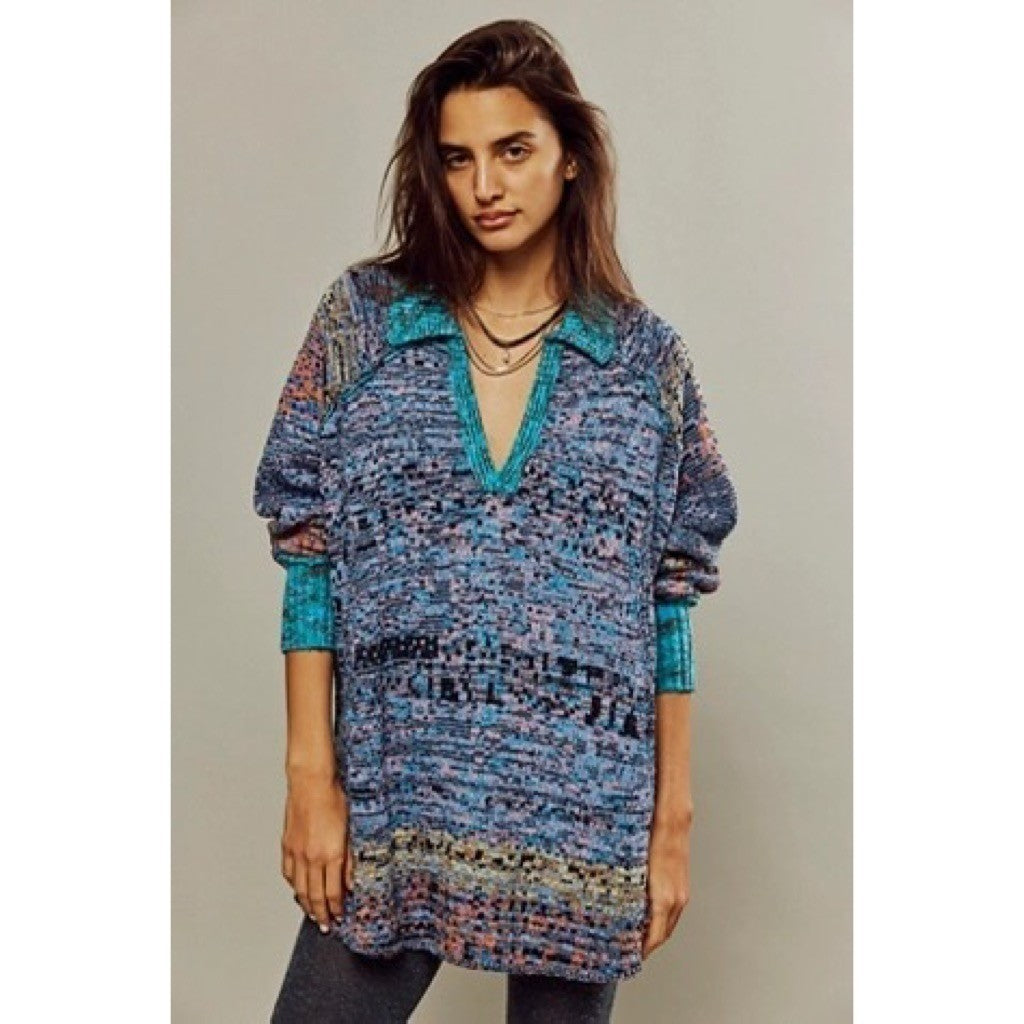 FREE PEOPLE Seasons Of Sun Mini Collared Pullover Knit Sweater Dress Small