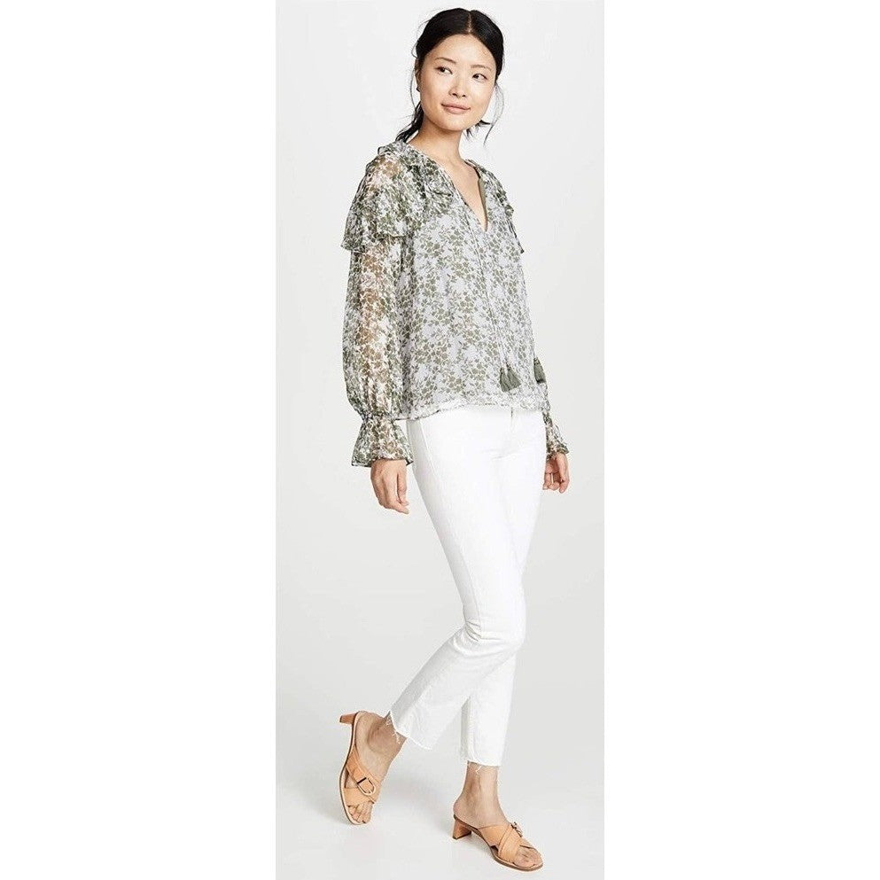 RAMY BROOK Silk Printed Celeste Blouse Chiffon Sagco Green Floral Metallic Small