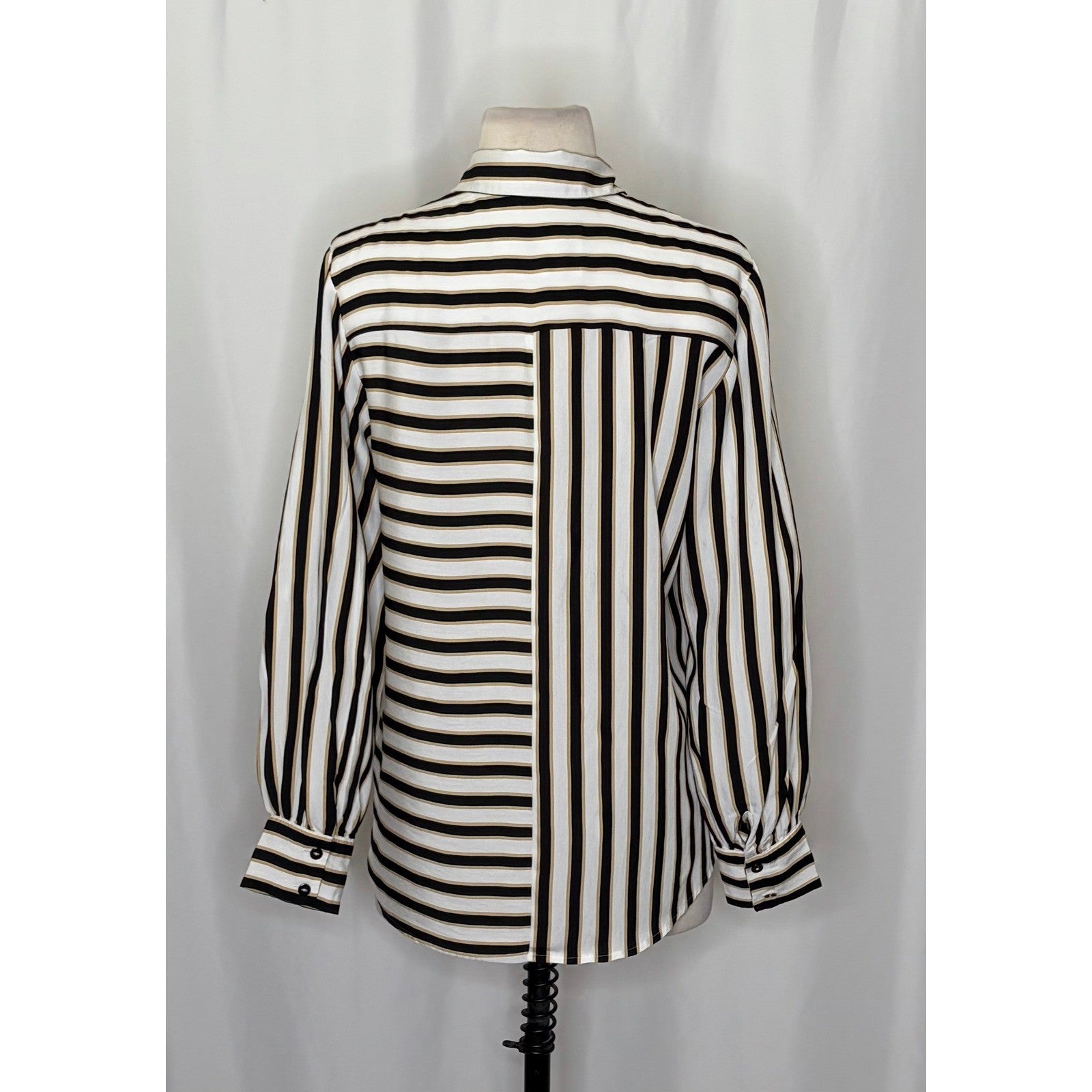 Anthropologie MAEVE Silky Striped Buttondown Black White Tan Button Down Small