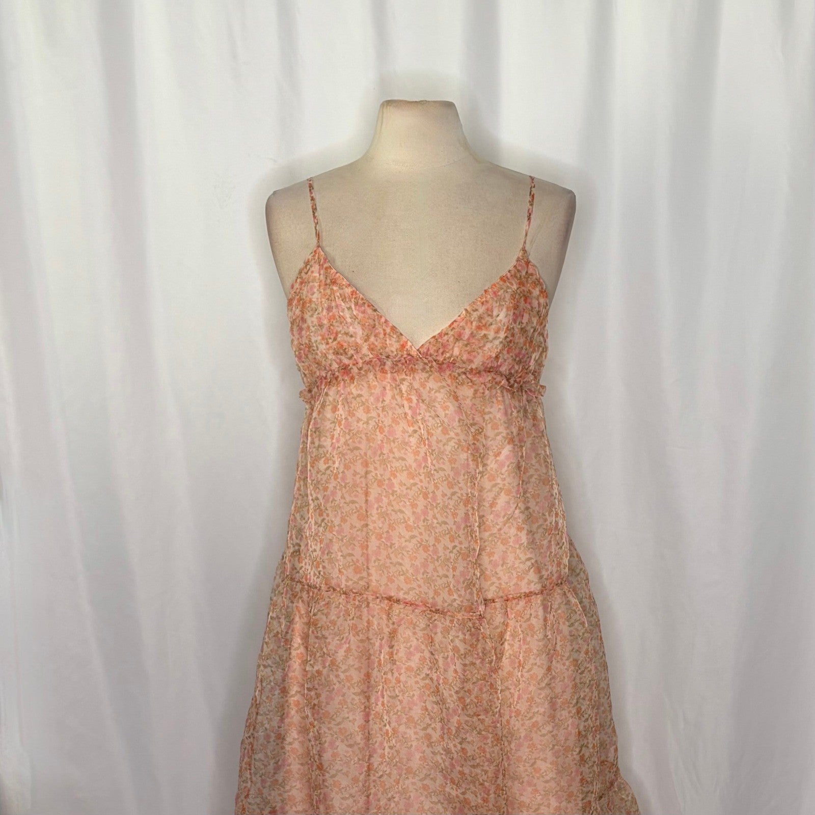 ZARA Organza Pink Peach Floral Maxi Dress Tiered Sundress Summer Vacation Medium