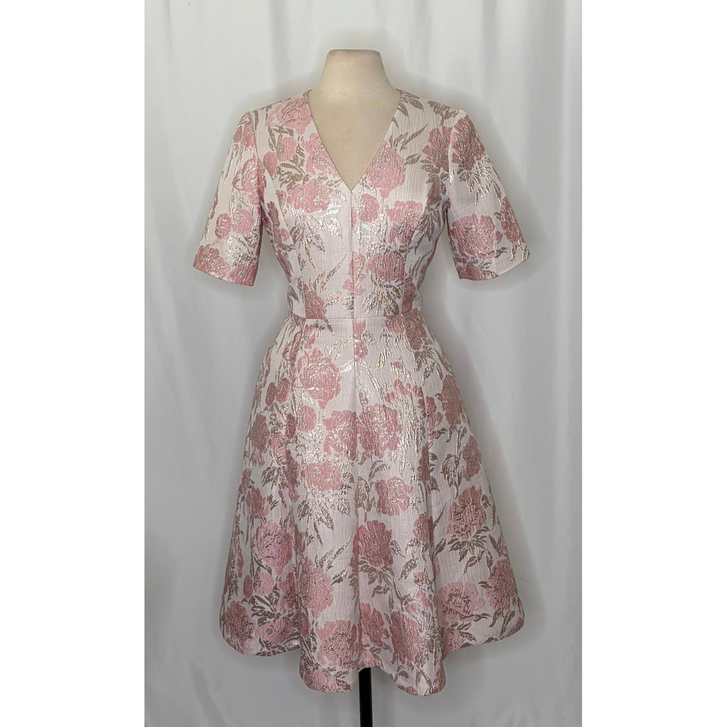 GAL MEETS GLAM Adair Pink Pearl Floral Jacquard Dress Fit N' Flare Pockets 8