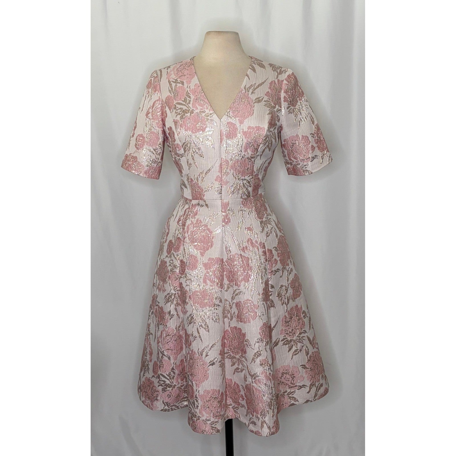GAL MEETS GLAM Adair Pink Pearl Floral Jacquard Dress Fit N' Flare Pockets 8