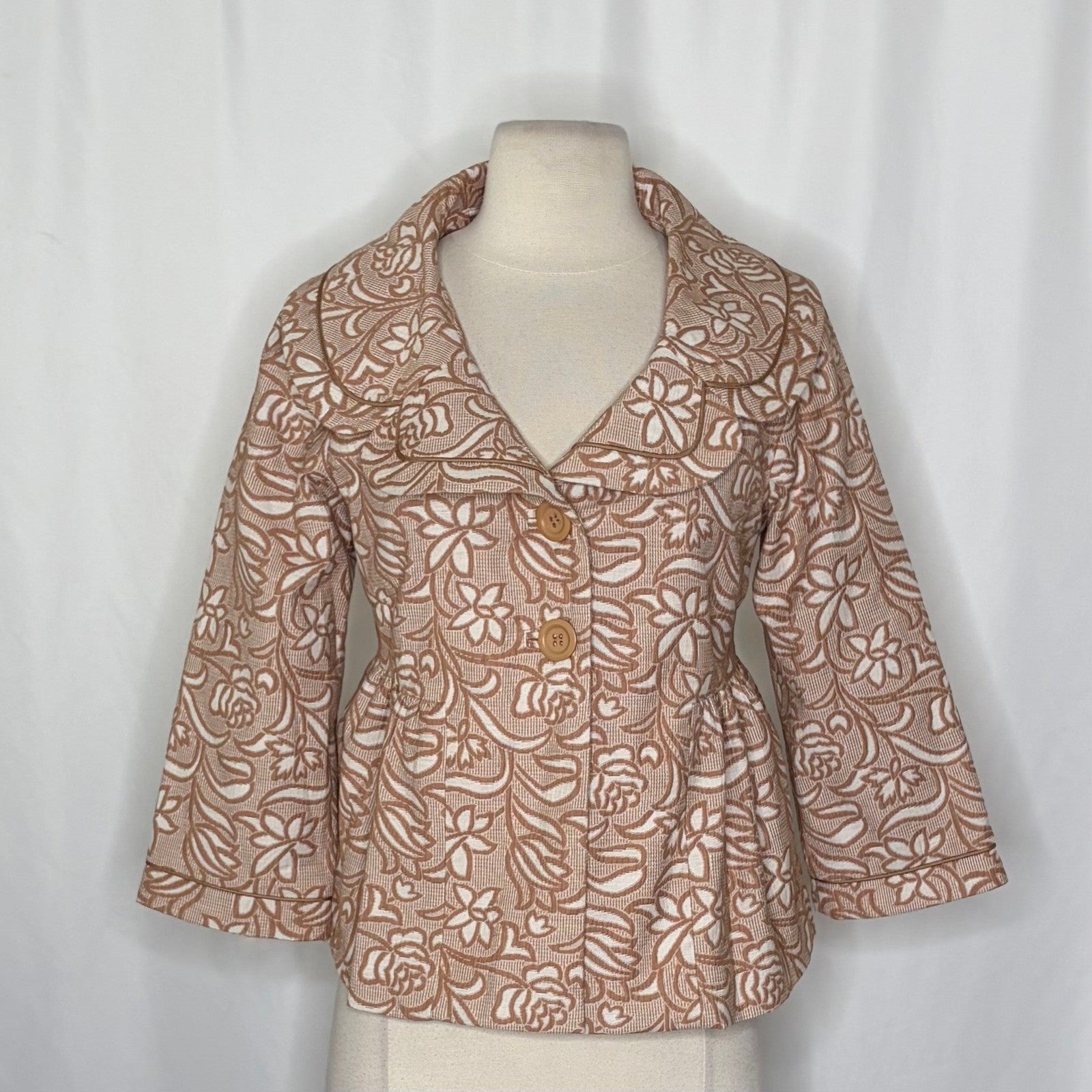 Anthropologie ELEVENSES Floral Jacquard Peplum Blazer Jacket Cream Tan Size 8