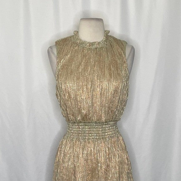 DRAPER JAMES Gold Metallic Smocked Sleeveless Dress Party Holidays Medium