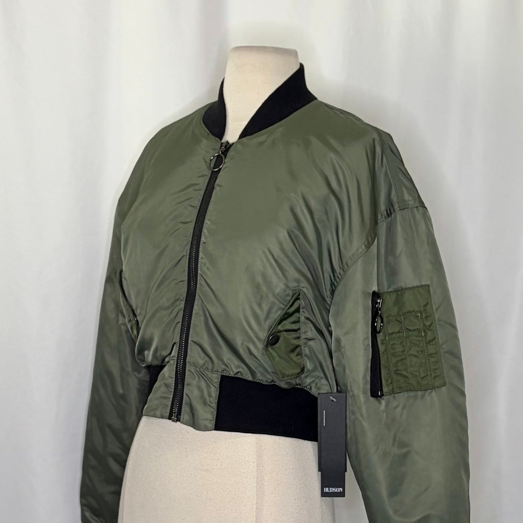 NWT!! Revolve HUDSON JEANS Rogue Olive Green Bomber Jacket Cropped Pockets Small