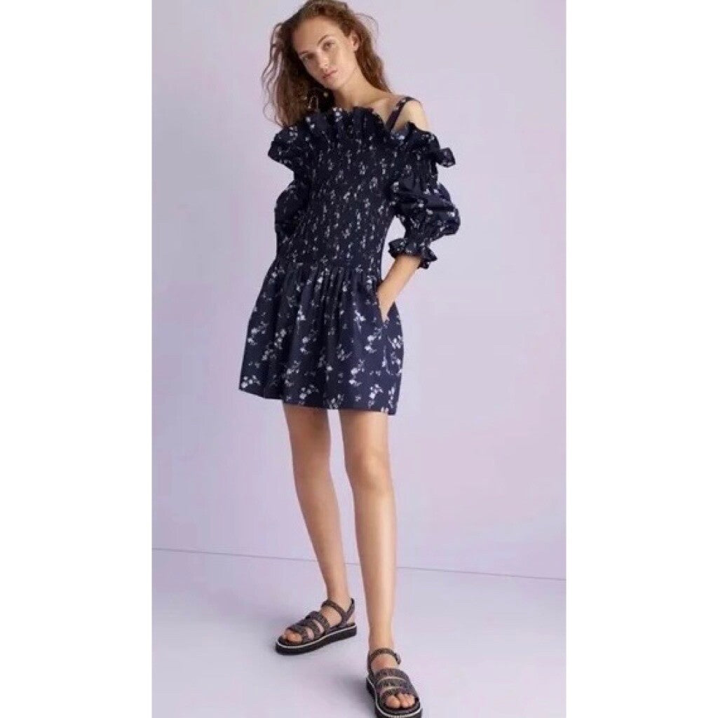 Revolve REBECCA TAYLOR Francine Off Shoulder Dress Floral Smocked Navy Blue 0