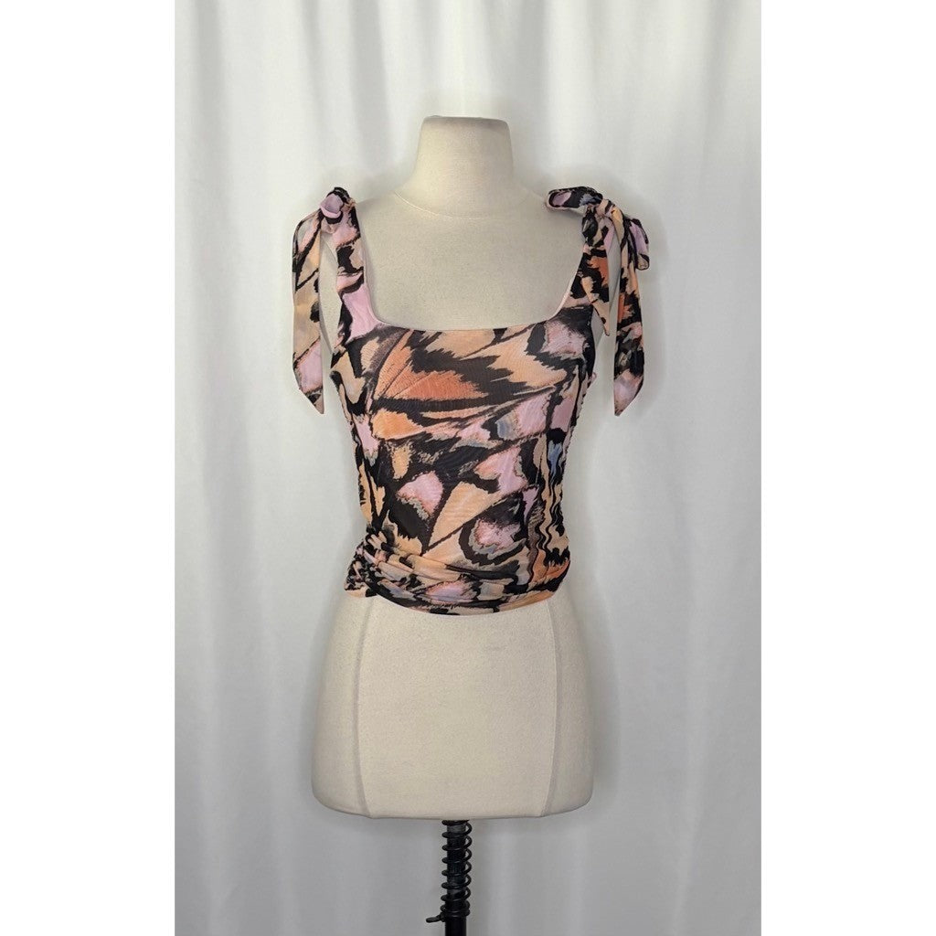 FREE PEOPLE Avenue Tank Top Tie Shoulders Scoop Neck Pink Combo Retro Medium